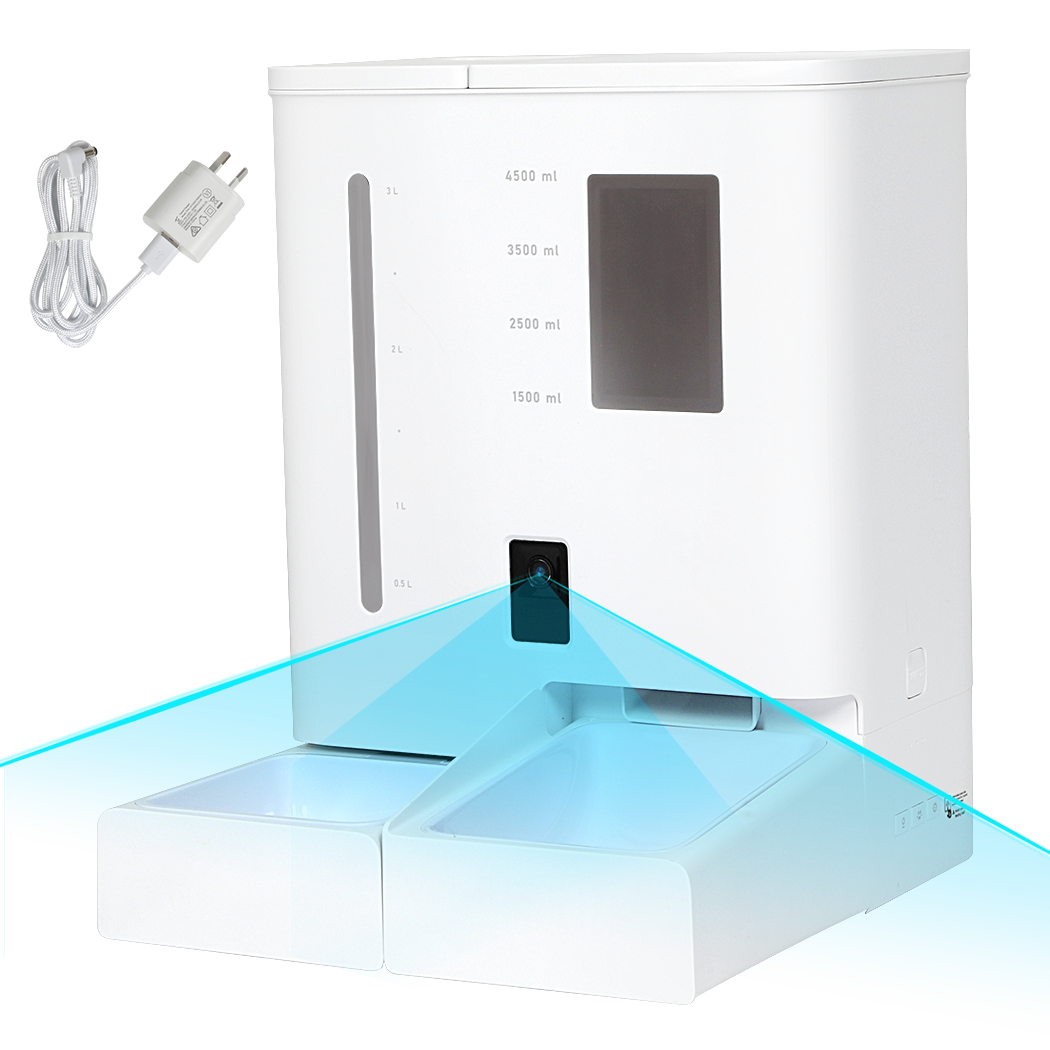 Full view of PaWz SmartFeast HD Pet Feeder with camera vision angle and included power adapter.