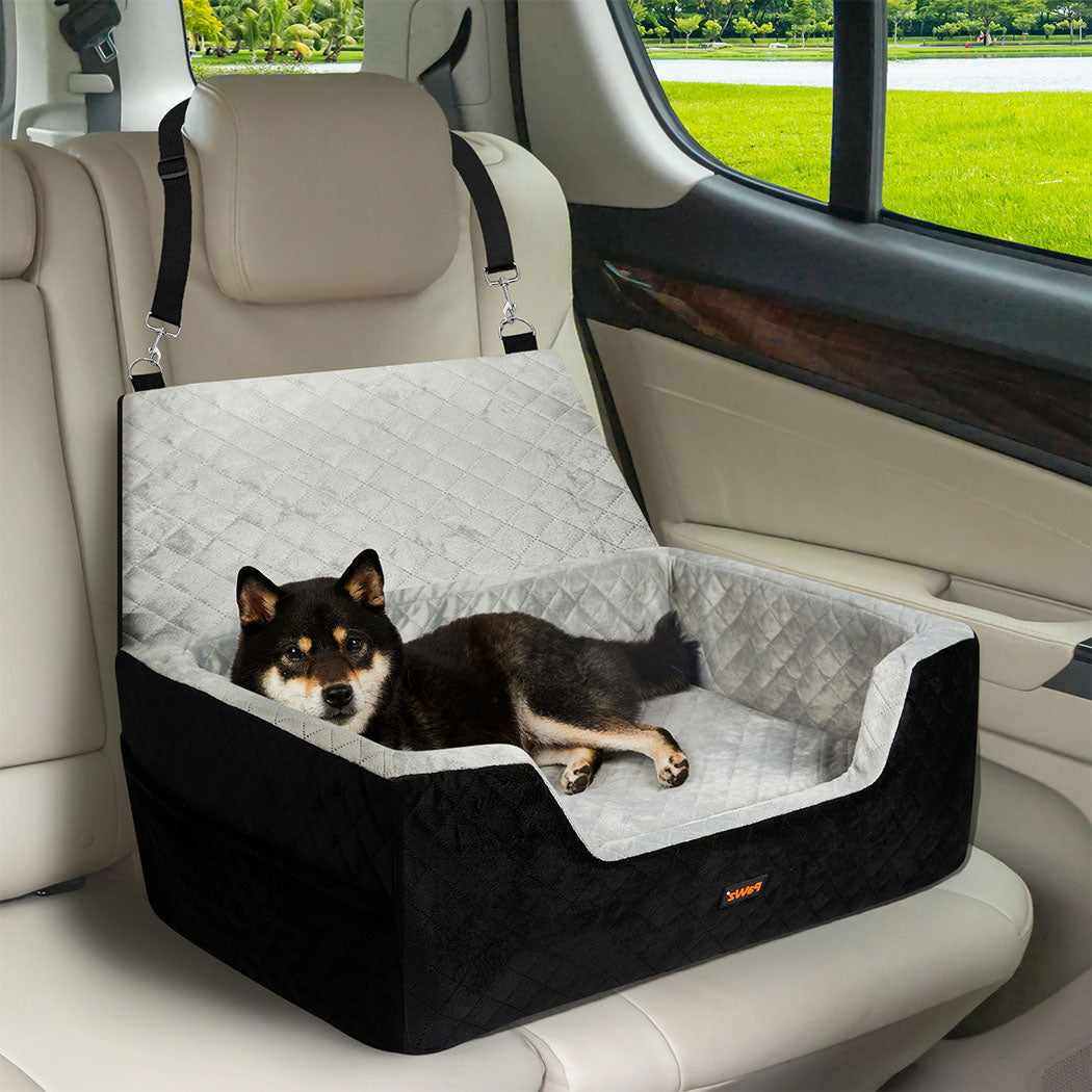 Dog resting in the PaWz Comfy Cruise Booster during a road trip