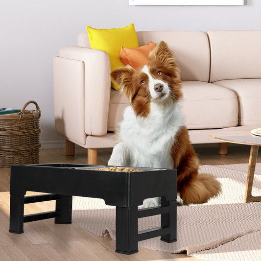 Dog using the PaWz FlexiFeast Duo adjustable feeder in a cosy lounge setting