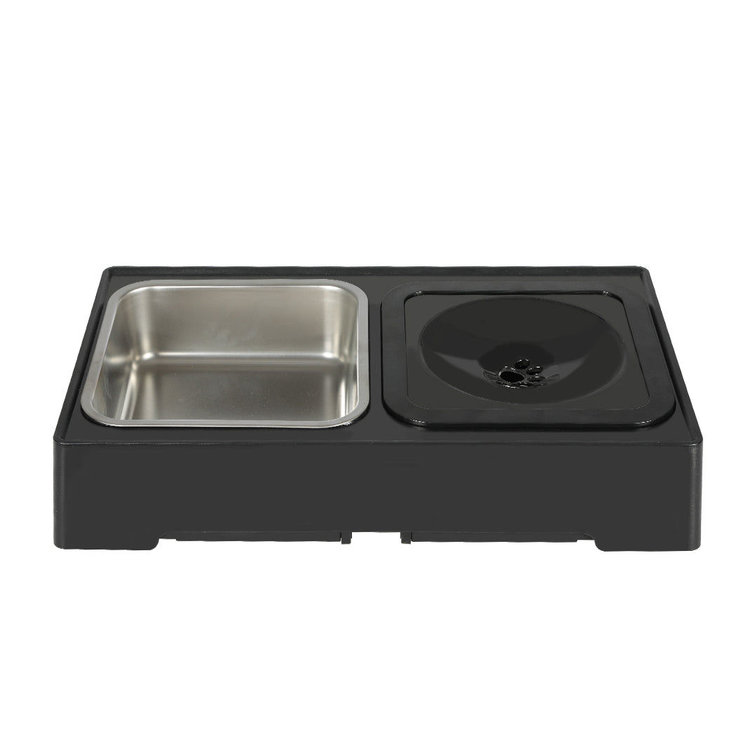 Top-down view of stainless steel food and water bowls in elevated frame