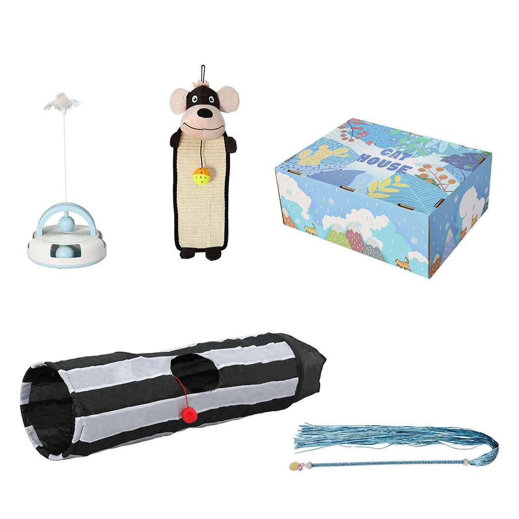 Flat lay of 5-piece PaWz PlayPals Set – Purr n Play including tunnel, wand, and scratcher