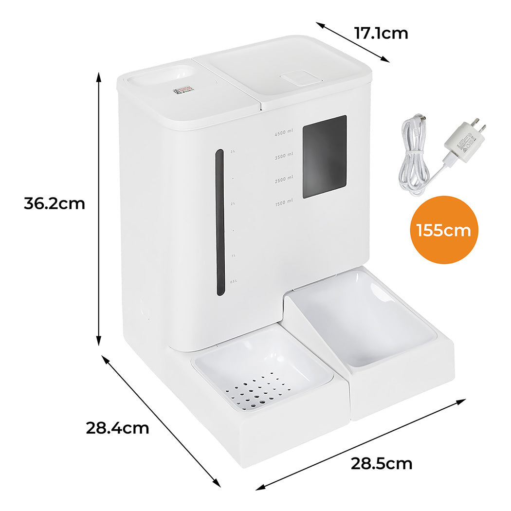 Dimensions and USB length of the PaWz SmartFeast WiFi Pet Feeder in annotated diagram