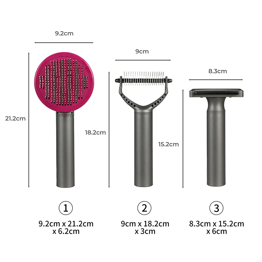 Size chart for all grooming tools in PaWz GroomPro 3-in-1 set with brush dimensions