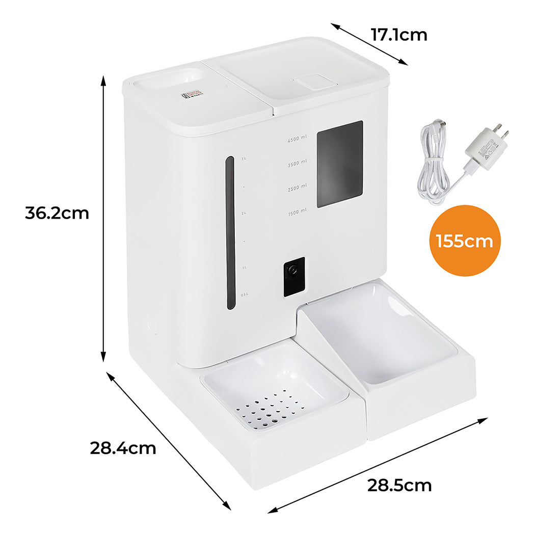 Dimension chart of PaWz SmartFeast HD Feeder showing size specifications and accessories included.