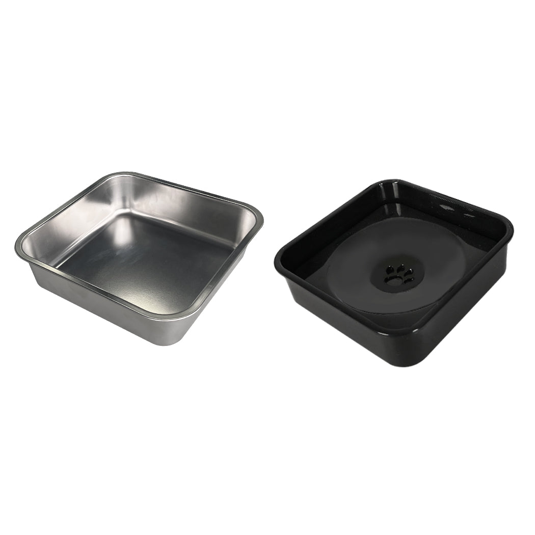 Detachable stainless steel bowls displayed beside anti-spill base