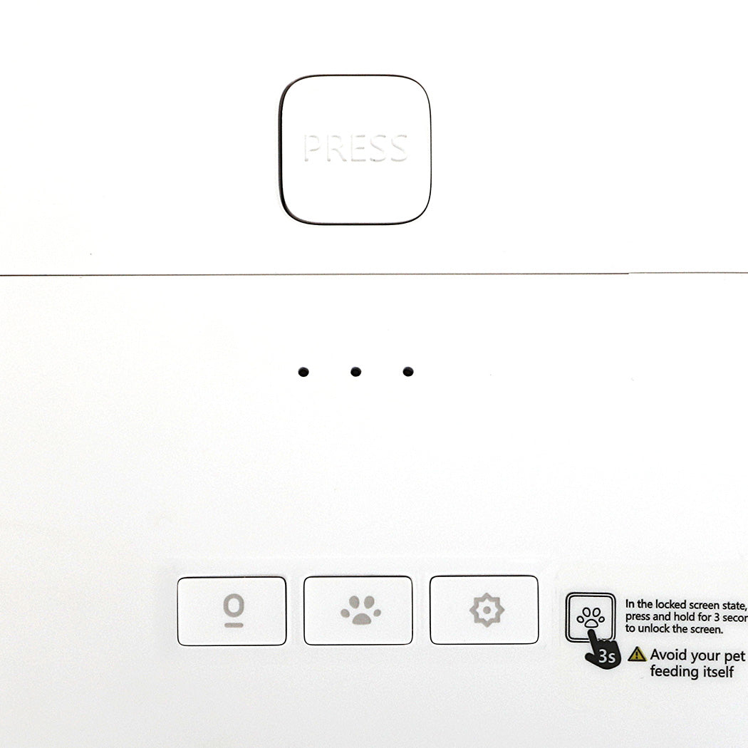Rear and top view of the PaWz SmartFeast Feeder showing manual control buttons and speaker