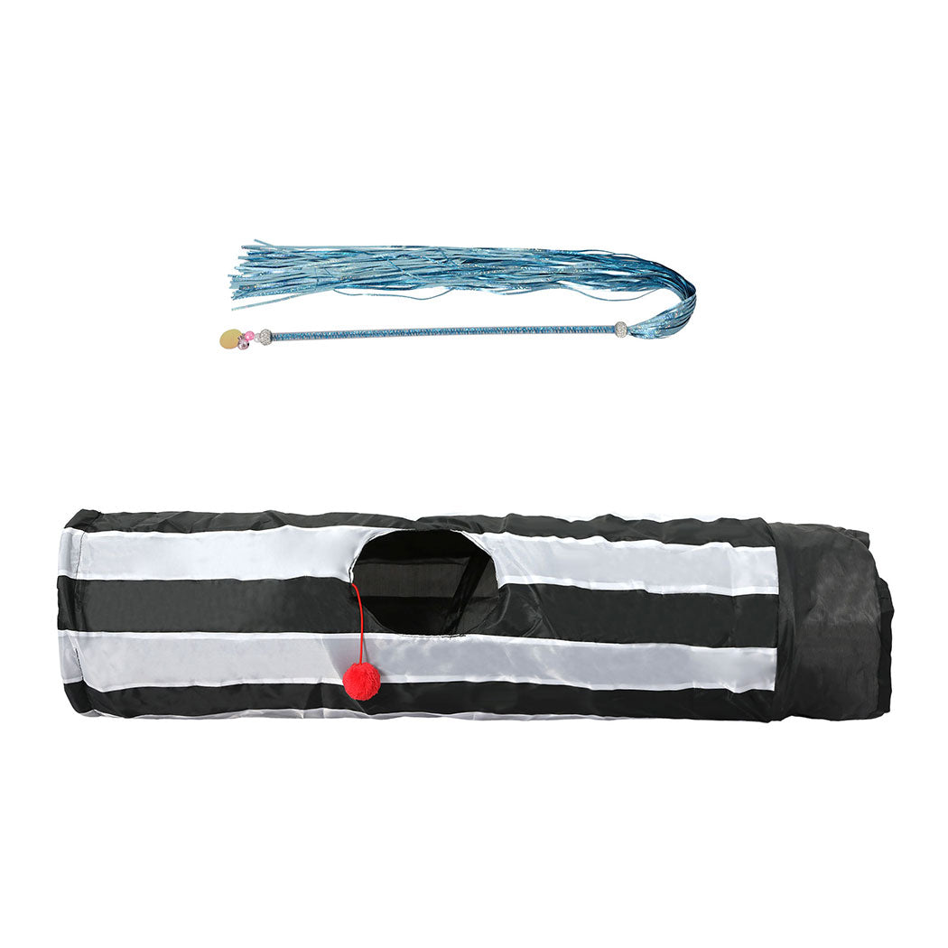 Close-up of rotating feather toy, wand, and tunnel from PaWz PlayPals Set – Purr n Play