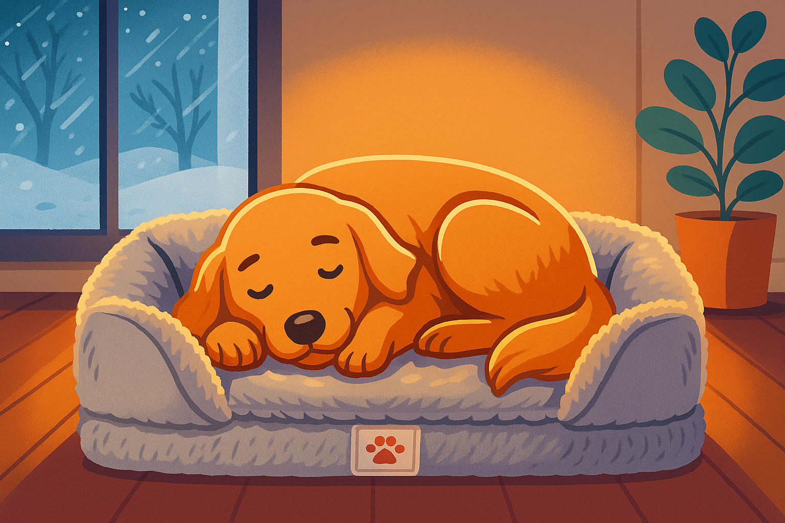 Golden retriever curled up on a plush orthopaedic dog bed in a warm Aussie home, escaping winter chill. Pet-safe, calming, and vet-recommended comfort.