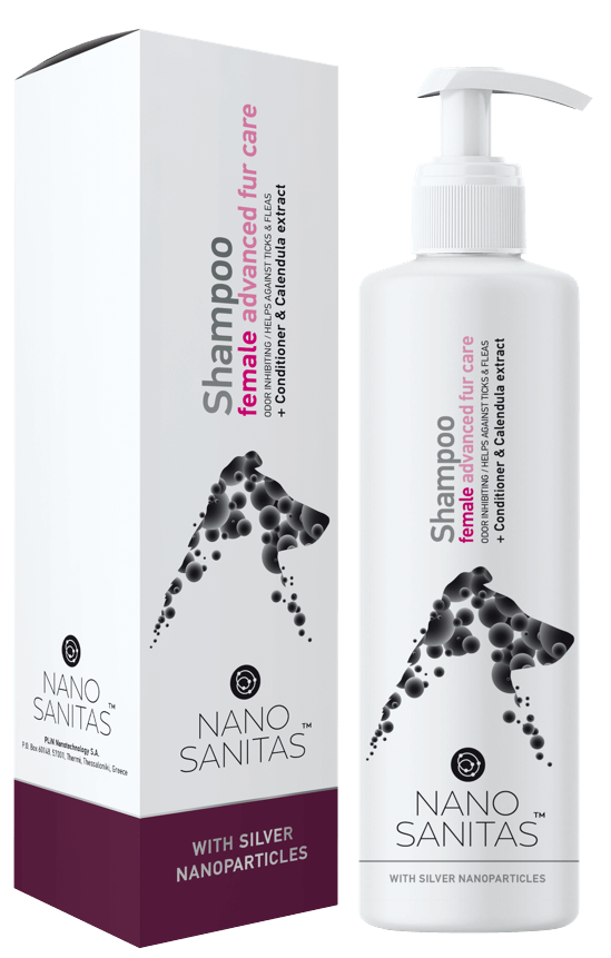 NanoSanitas Female Advanced Fur Care Dog Shampoo – 250ml bottle with box packaging, featuring silver nanoparticle formula and Calendula extract for skin health.