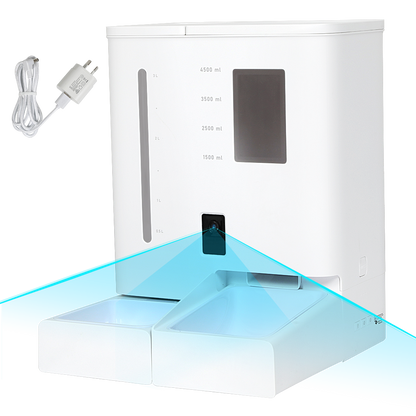 Full view of PaWz SmartFeast HD Pet Feeder with camera vision angle and included power adapter.