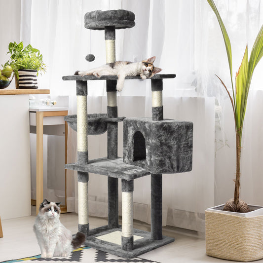 PaWz FortPlush grey cat tree tower with cradle, cubby, and plush perch in modern living space