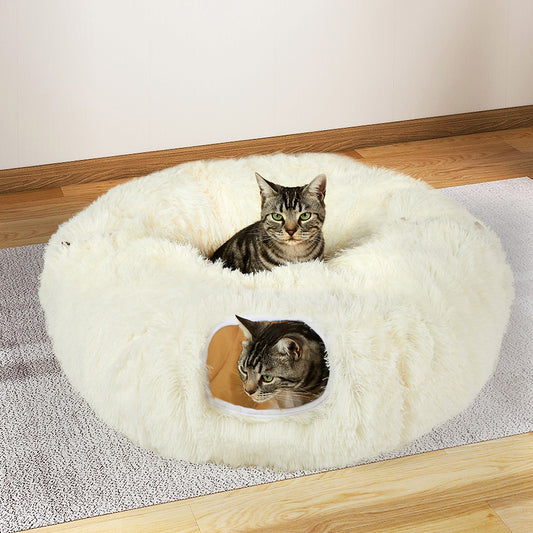 Pawz Cat Tunnel Foldable Fluffy Plush Play Tube Beige-1894516796325761030