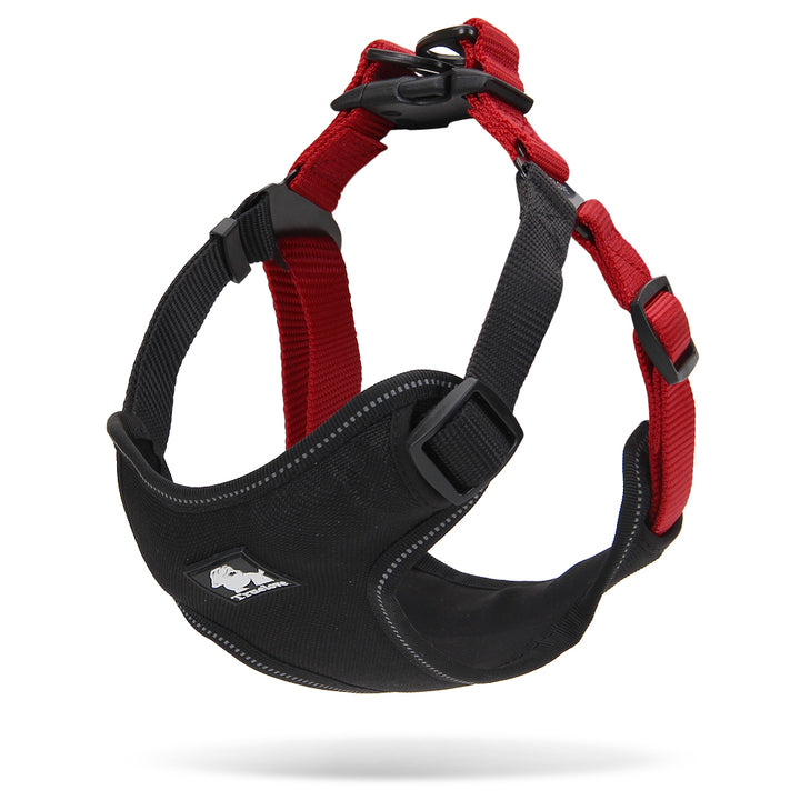 TrueLove UrbanFlow Harness in red – adjustable dog harness with padded chest panel, quick-release buckle, and dual leash attachment points