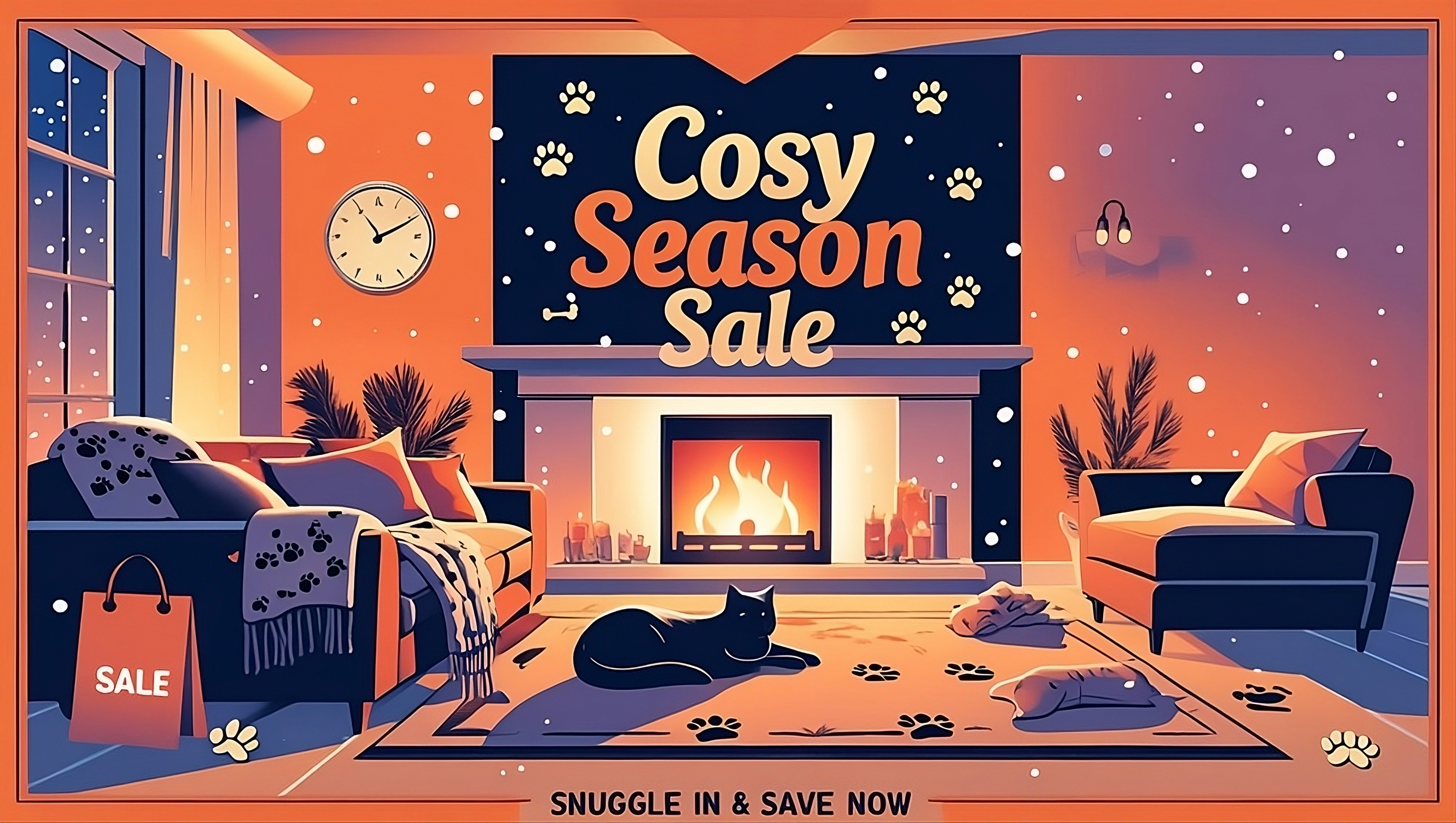 Cosy Season Sale banner – limited-time winter pet deals with fireplace, pets, paw prints & soft snowfall.