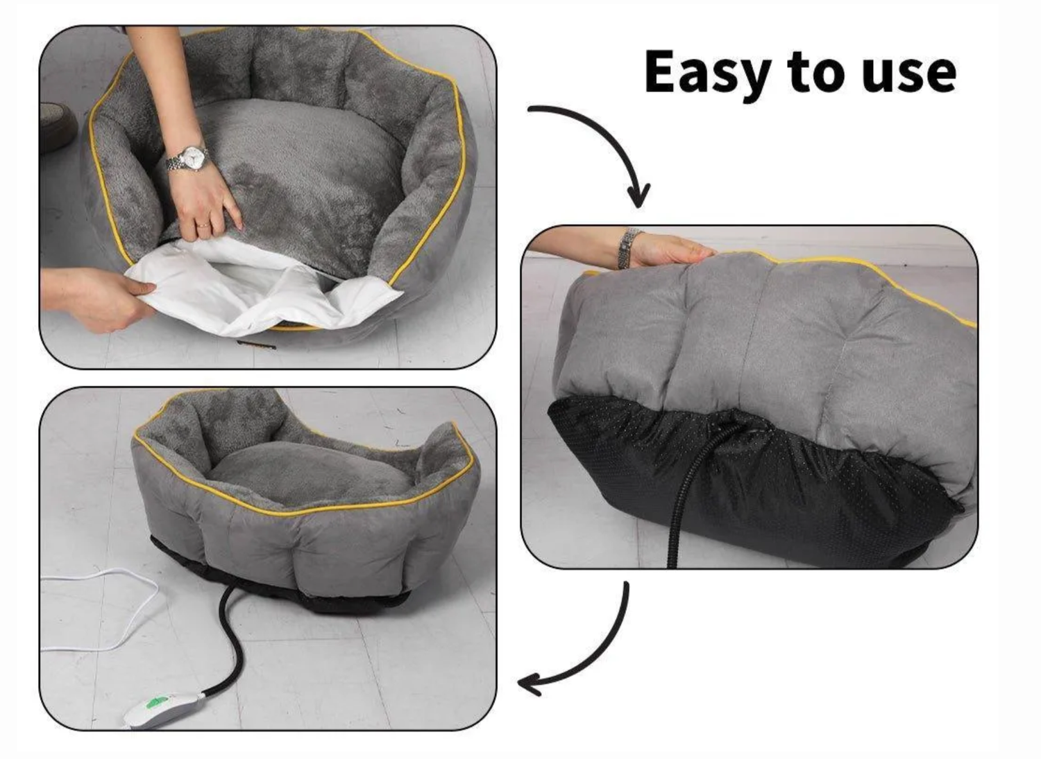 Instructions on how to use a gray pet bed with text 'Easy to use'.