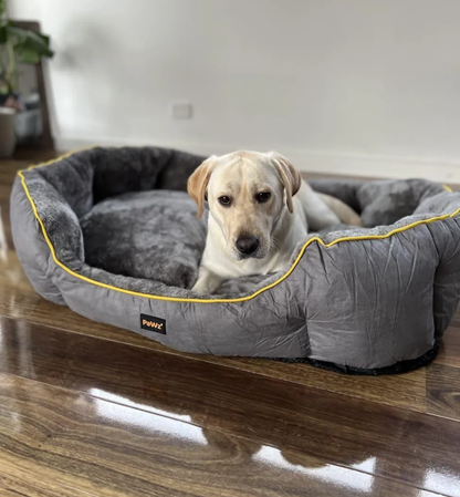 Dog lying on a gray heated pet bed with yellow trim on a wooden floor.