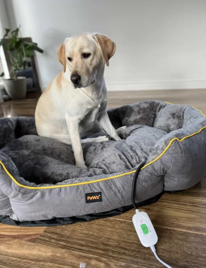 Dog sitting on a gray heated pet bed with a control panel in a home setting.