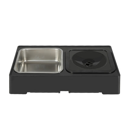 Top-down view of stainless steel food and water bowls in elevated frame