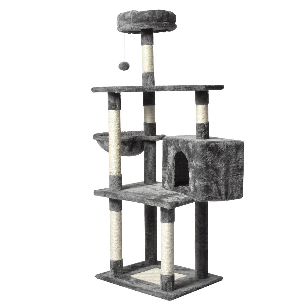 Full view of PaWz FortPlush in grey showing multi-level design with cradle, cubby, and hanging toy