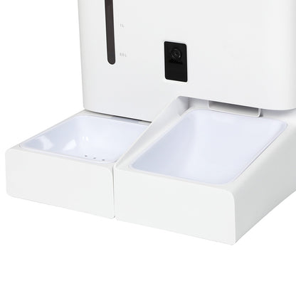 Close-up of dual food and water bowls on PaWz SmartFeast HD Feeder for easy access feeding.