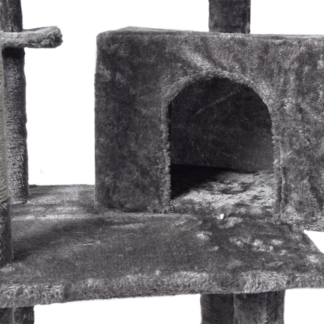 Close-up of soft plush-lined cubby on grey PaWz FortPlush cat tree
