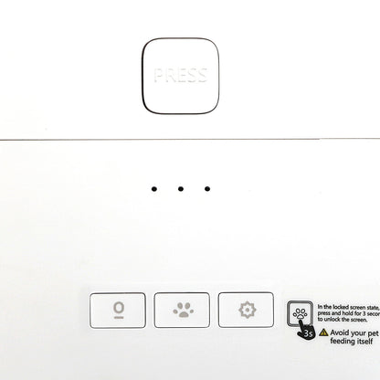Side control panel close-up on PaWz SmartFeast HD Feeder with manual feed, voice record, and power buttons.
