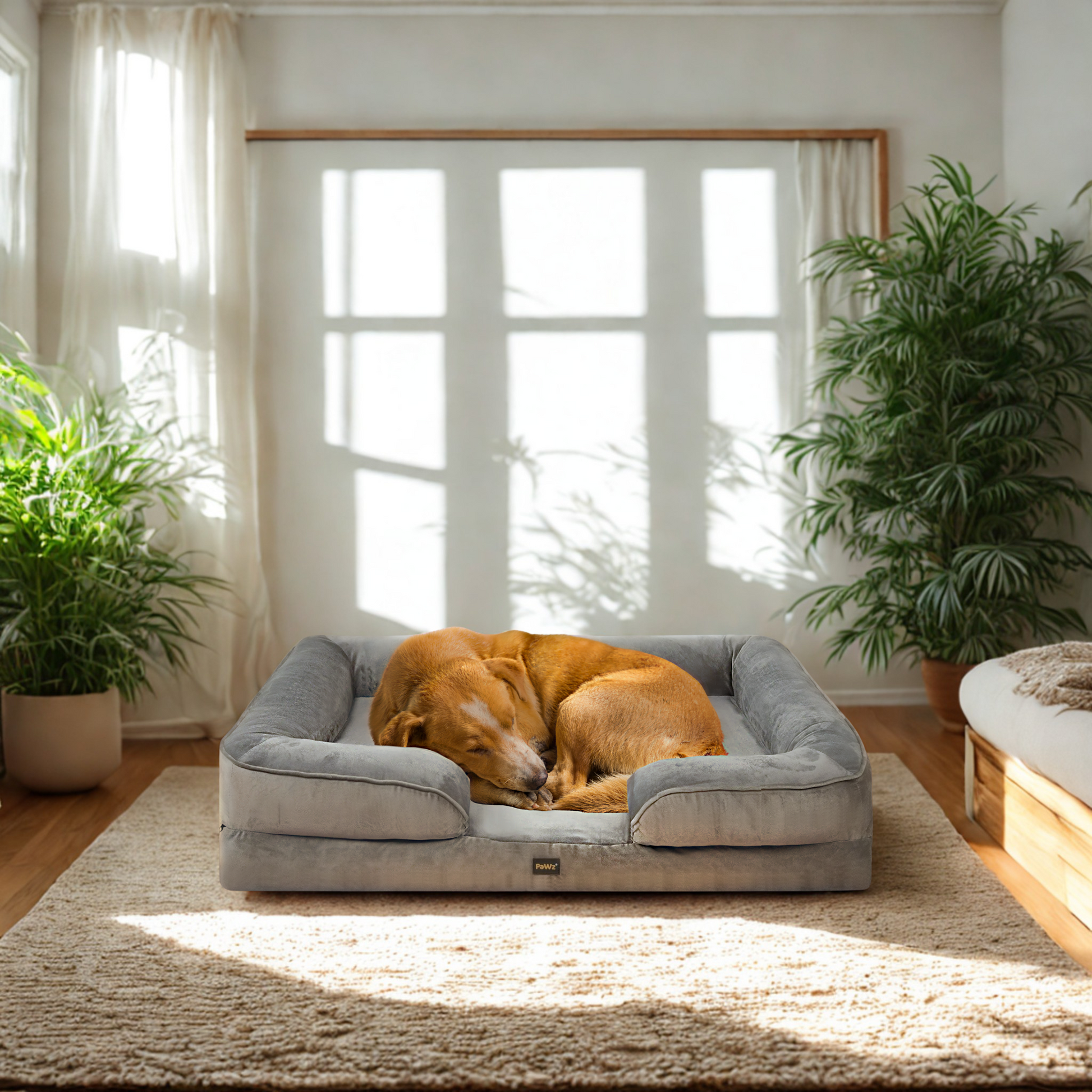 Dog resting on a large gray pet bed in a bright room with plants and a rug.